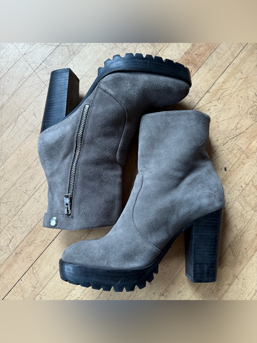 ALL SAINTS Grey Suede Lug Sole Zip Up Stacked Heel Moto Ankle Booties Ana 39 - Picture 3 of 12